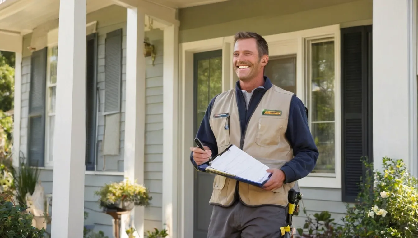 A friendly pest control provider talking with a homeowner at the front door of a house in Elgin